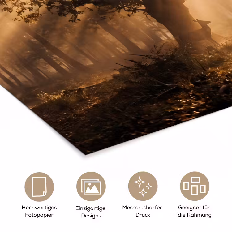 Hert - Bos - Mistig - Natuur - Goud poster papier klein -tcloseup_DE