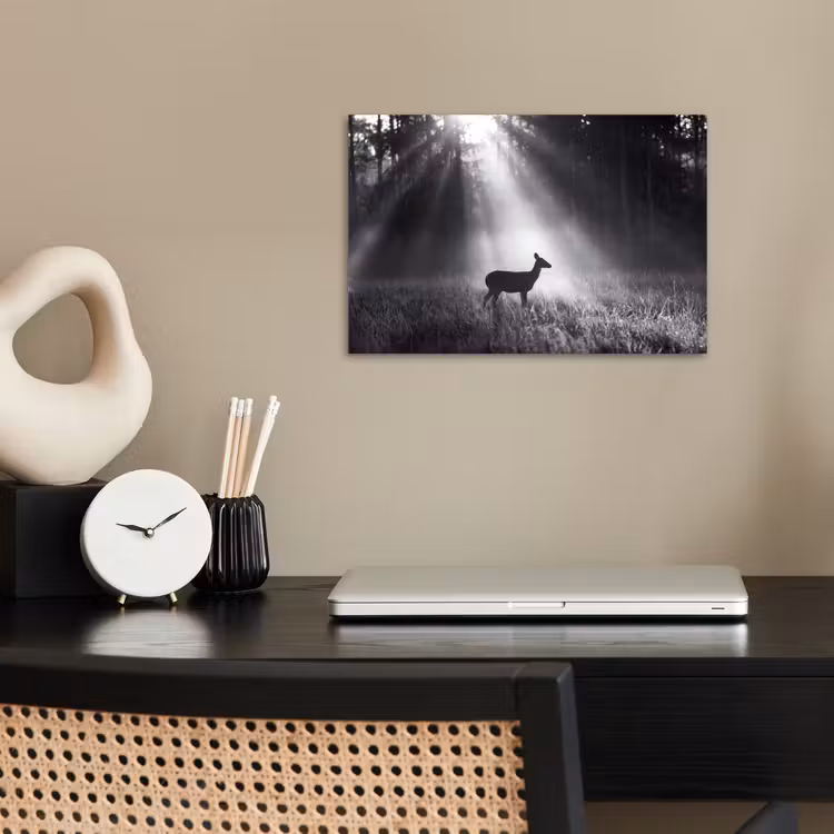 Hert - Bos - Zonnestralen - Zwart-wit - Natuur poster papier klein -sfeer1