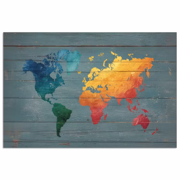 Hout - Planken - Regenboog - Wereldkaart poster papier klein -3d