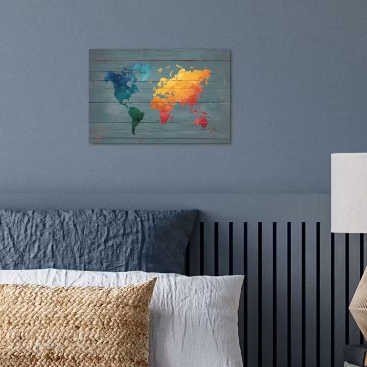Hout - Planken - Regenboog - Wereldkaart poster papier klein -sfeer2