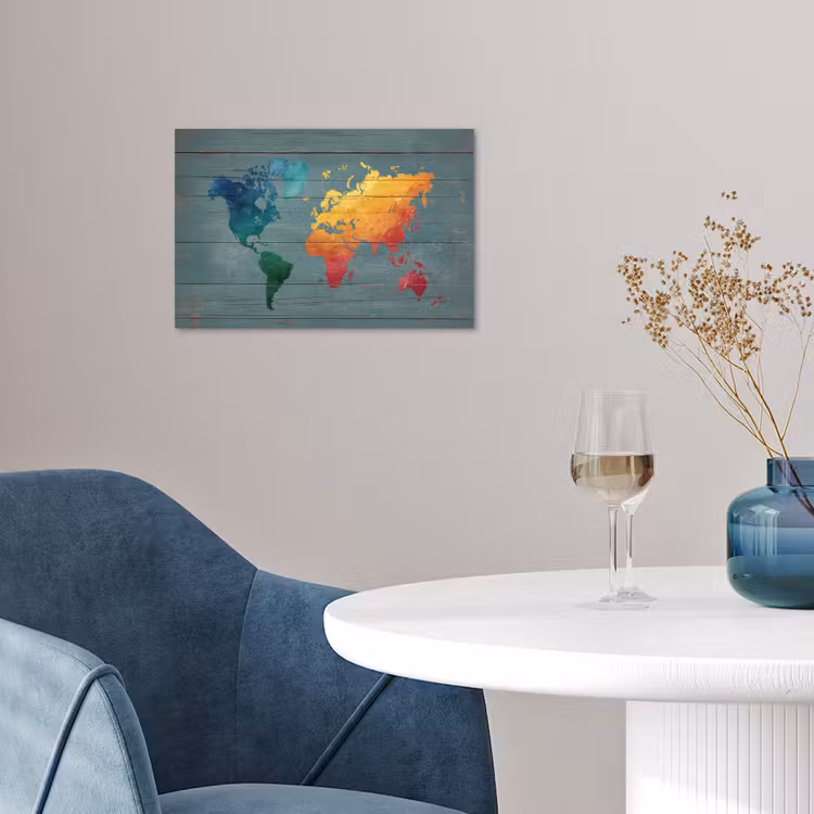Hout - Planken - Regenboog - Wereldkaart poster papier klein -sfeer3