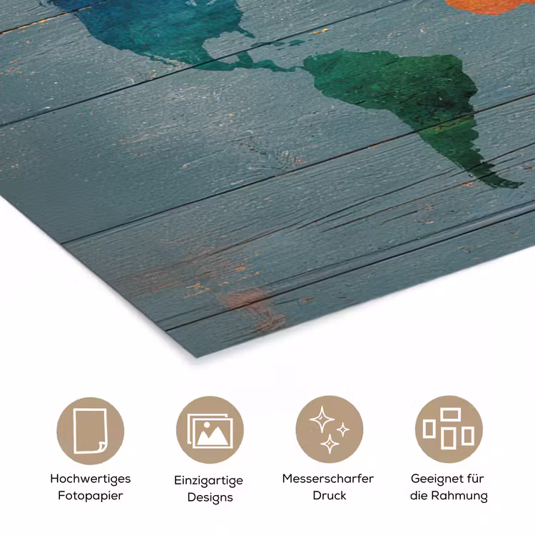 Hout - Planken - Regenboog - Wereldkaart poster papier klein -tcloseup_DE