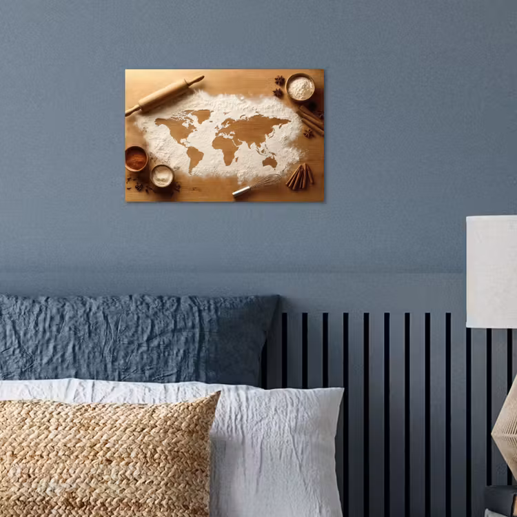 Hout - Wereldkaart - Bakken - Keuken poster papier klein -sfeer2