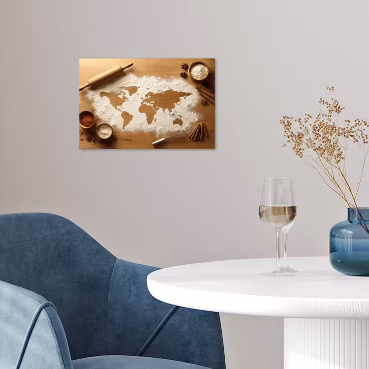 Hout - Wereldkaart - Bakken - Keuken poster papier klein -sfeer3