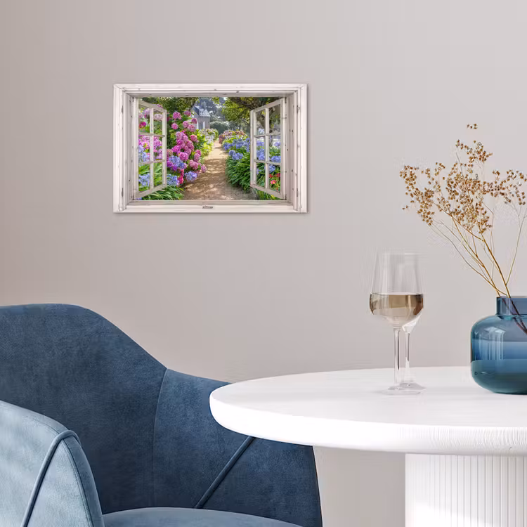 Hortensia - Doorkijk - Bloemen - Zomer - Paars - Pad poster papier klein -sfeer3