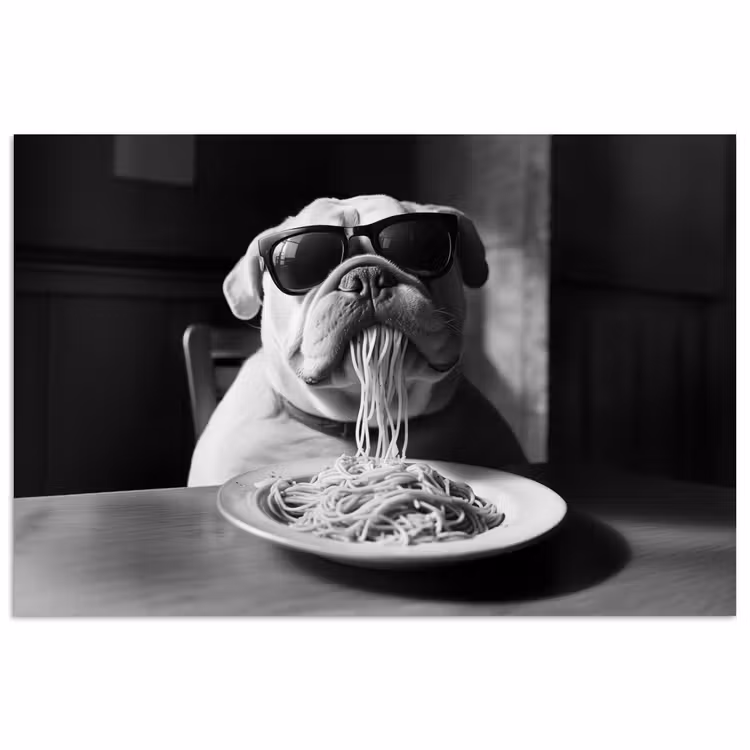 Hond - Bulldog - Pasta - Bril - Stoer - Dieren poster papier klein -3d
