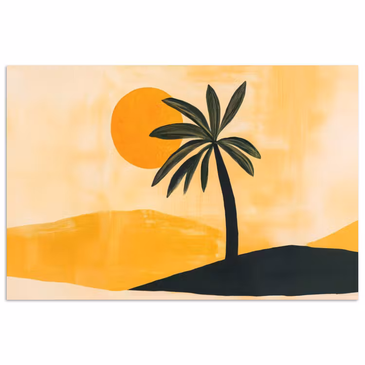 Illustratie - Palmboom - Zon - Heuvels poster papier klein -3d