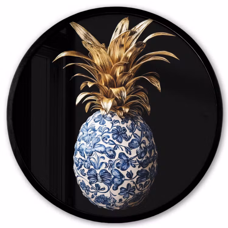 Ananas - Bloemen patroon - Goud - Delftsblauw Fotolijst rond zonder passe partout klein -3d