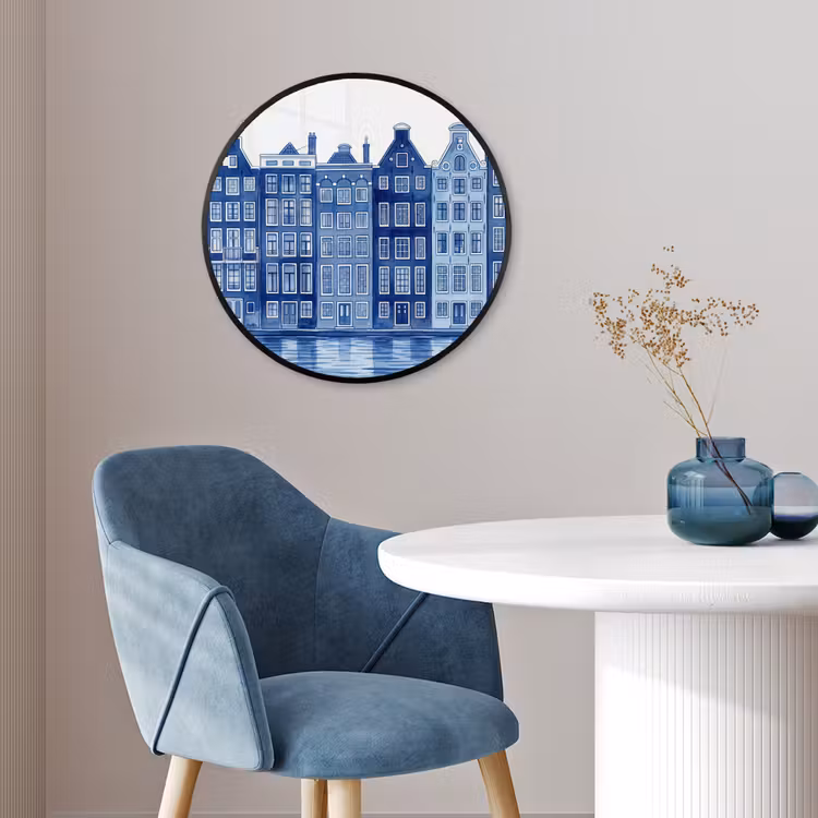 Aquarel - Grachtenpanden - Delfts - Blauw Fotolijst rond zonder passe partout klein -sfeer2