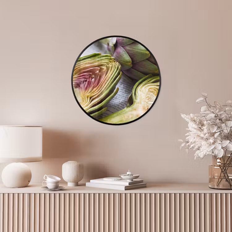 Poster im Rahmen Rund - Artischocke – aufgeschnitten – Essen - Artisjok - Doorgesneden - Eten Fotolijst rond zonder passe partout klein