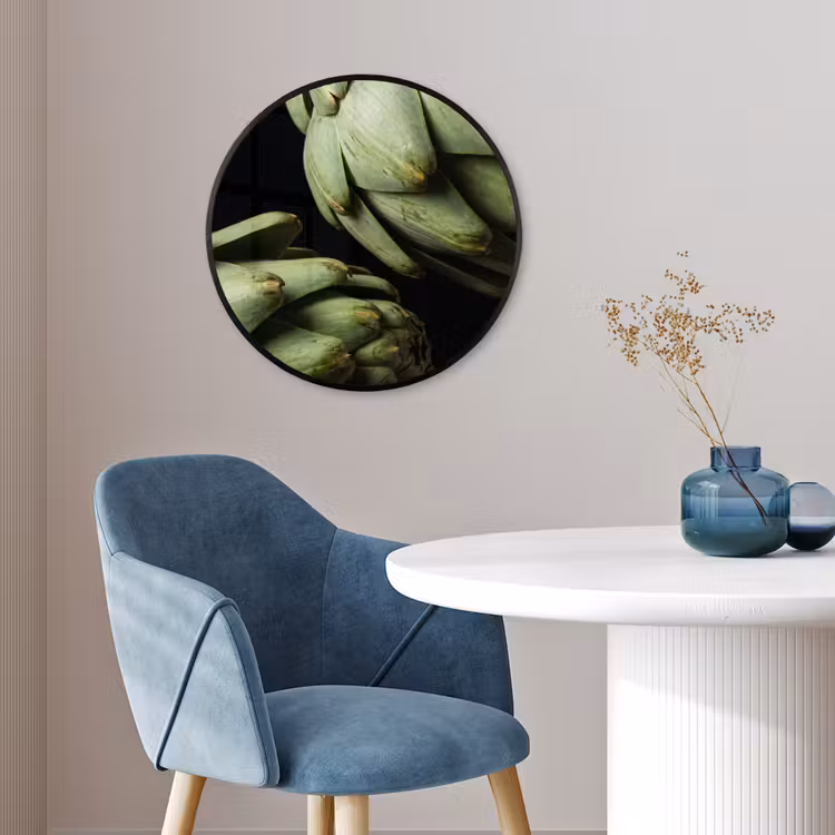 Poster im Rahmen Rund - Artischocke – Grün – Essen - Artisjok - Groen - Eten Fotolijst rond zonder passe partout klein