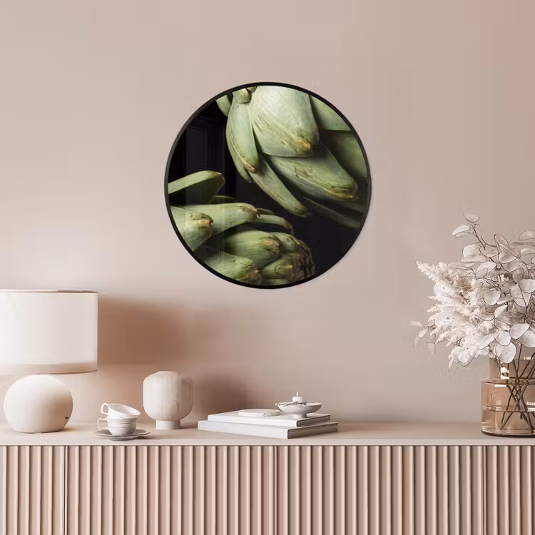 Poster im Rahmen Rund - Artischocke – Grün – Essen - Artisjok - Groen - Eten Fotolijst rond zonder passe partout klein
