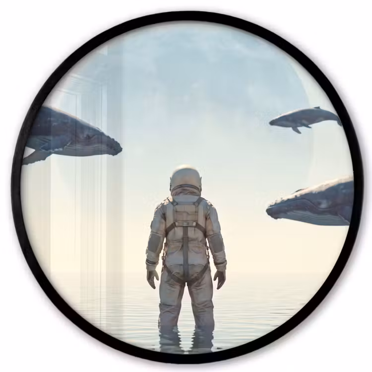 Poster im Rahmen Rund - Astronaut – Wal – Fantasie - Ruimtevaarder - Walvis - Fantasie Fotolijst rond zonder passe partout klein