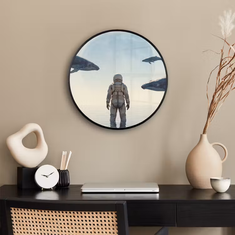 Poster im Rahmen Rund - Astronaut – Wal – Fantasie - Ruimtevaarder - Walvis - Fantasie Fotolijst rond zonder passe partout klein