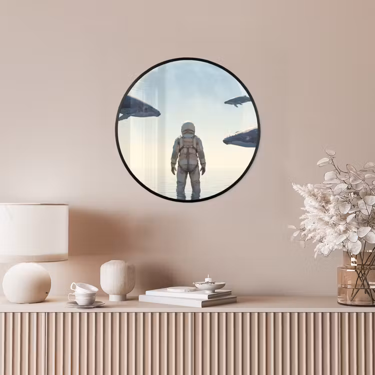 Poster im Rahmen Rund - Astronaut – Wal – Fantasie - Ruimtevaarder - Walvis - Fantasie Fotolijst rond zonder passe partout klein
