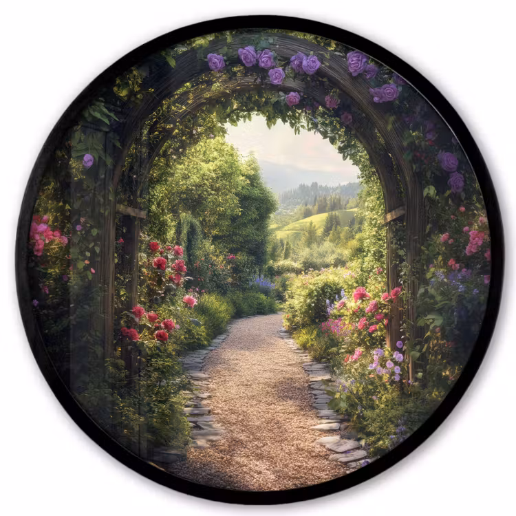 Doorkijk - Landschap - Bloemen - Tuinboog - Natuur Fotolijst rond zonder passe partout klein -3d