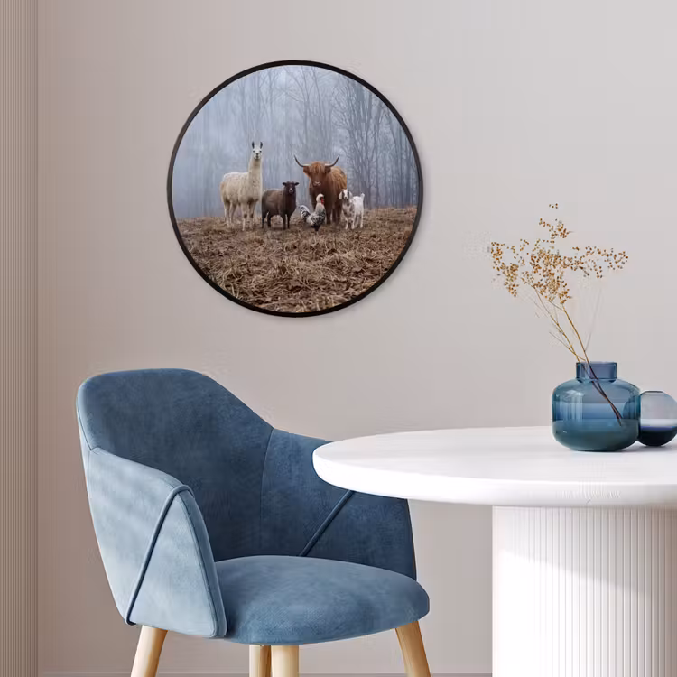 Boerderijdieren - Groep - Mist - Natuur - Rustiek Fotolijst rond zonder passe partout klein -sfeer2