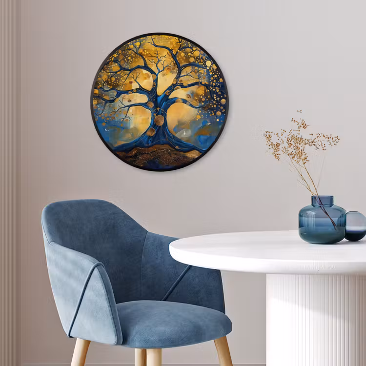 Boom - Levensboom - Blauw - Goud Fotolijst rond zonder passe partout klein -sfeer2