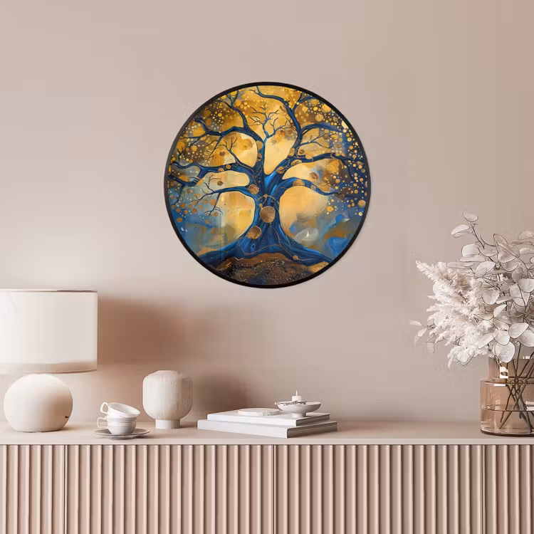 Boom - Levensboom - Blauw - Goud Fotolijst rond zonder passe partout klein -sfeer3