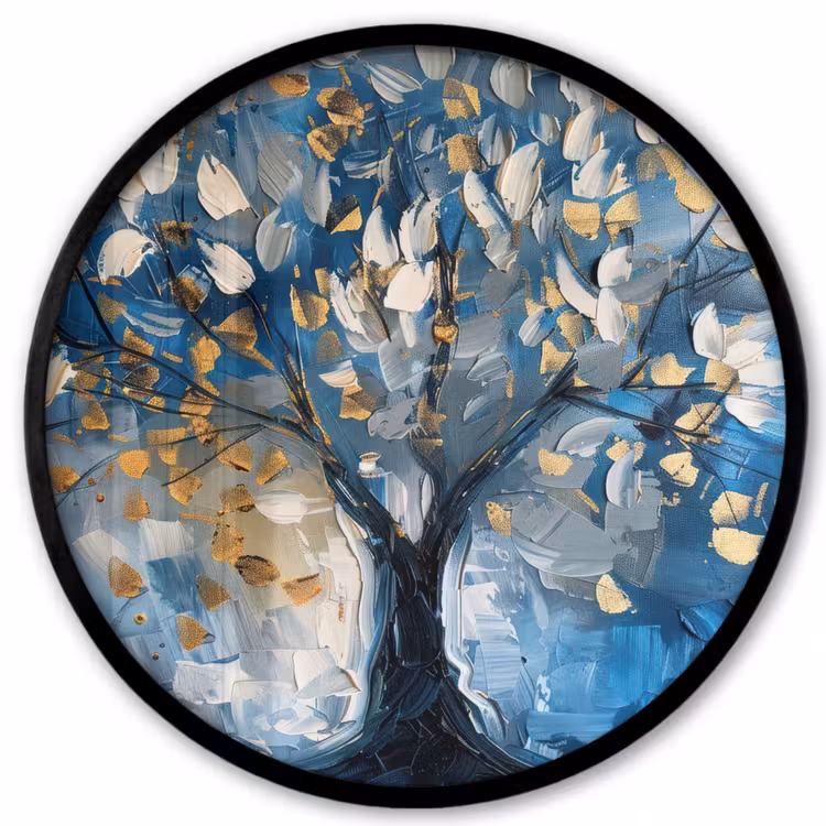 Boom - Blauw - Goud - Abstract Fotolijst rond zonder passe partout klein -3d