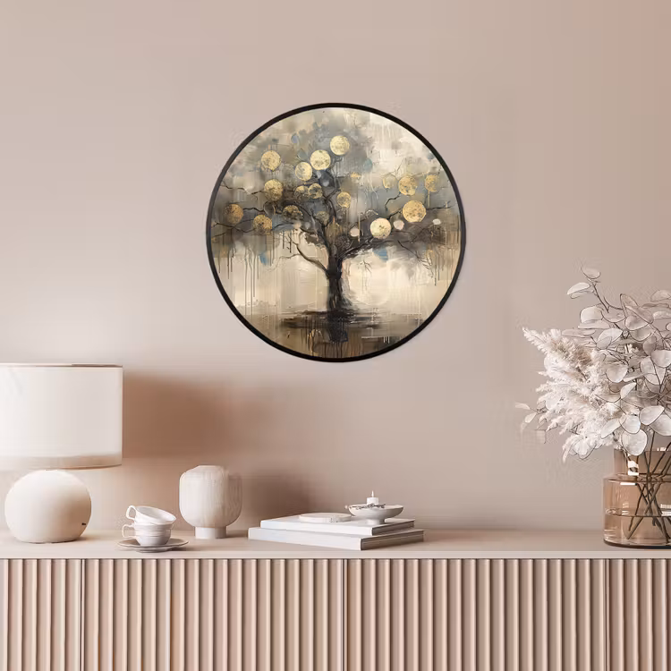 Beige - Abstract - Boom - Goud Fotolijst rond zonder passe partout klein -sfeer3
