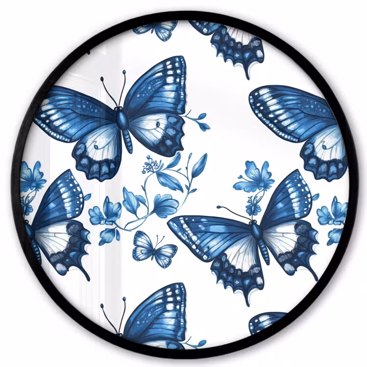 Blauw - Vlinders - Bloemen - Wit Fotolijst rond zonder passe partout klein 856 -3d