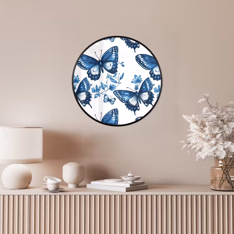 Blauw - Vlinders - Bloemen - Wit Fotolijst rond zonder passe partout klein 856 -sfeer3