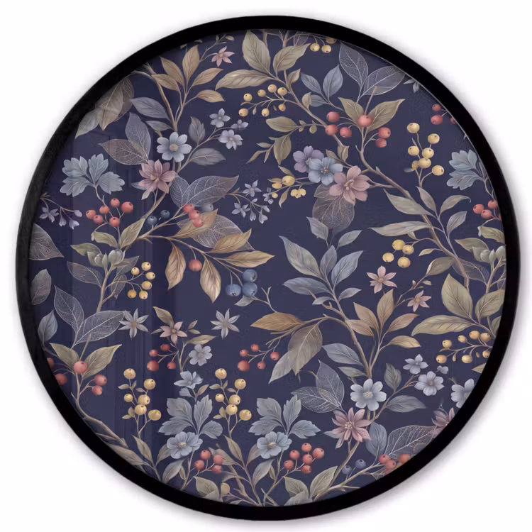Bloemen - Bladeren - Patroon - Botanisch - Donkerblauw Fotolijst rond zonder passe partout klein -3d