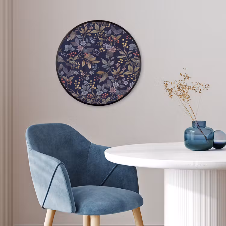 Bloemen - Bladeren - Patroon - Botanisch - Donkerblauw Fotolijst rond zonder passe partout klein -sfeer2