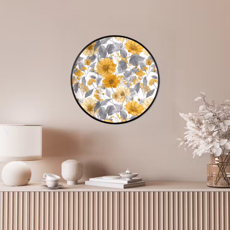 Bloemen - Botanisch - Elegant - Okergeel - Grijs Fotolijst rond zonder passe partout klein 856 -sfeer3