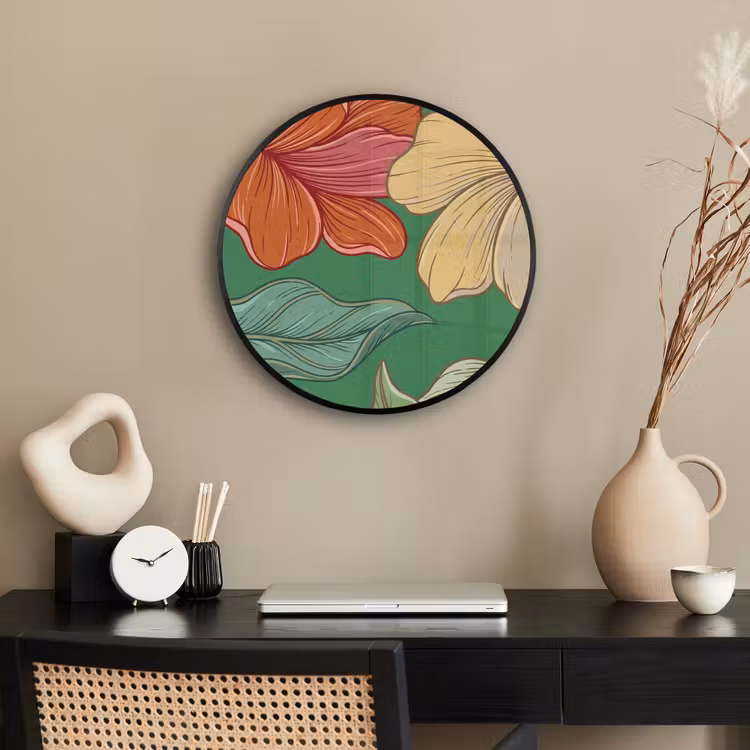 Poster im Rahmen Rund - Blumen – Grün – Illustration - Bloemen - Groen - Illustratie Fotolijst rond zonder passe partout klein