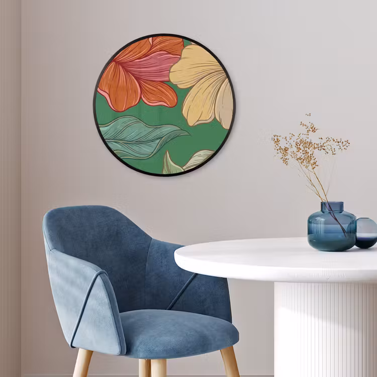 Poster im Rahmen Rund - Blumen – Grün – Illustration - Bloemen - Groen - Illustratie Fotolijst rond zonder passe partout klein