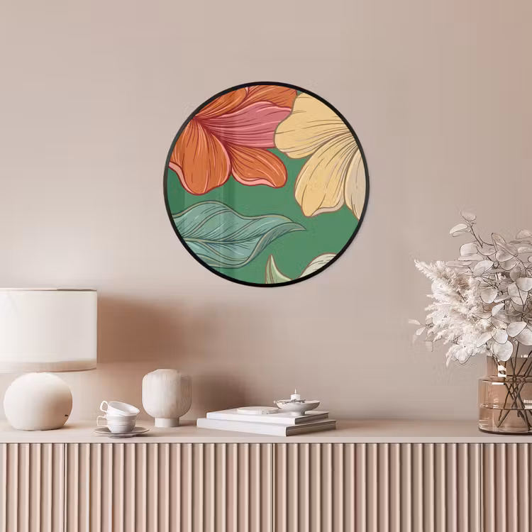 Poster im Rahmen Rund - Blumen – Grün – Illustration - Bloemen - Groen - Illustratie Fotolijst rond zonder passe partout klein