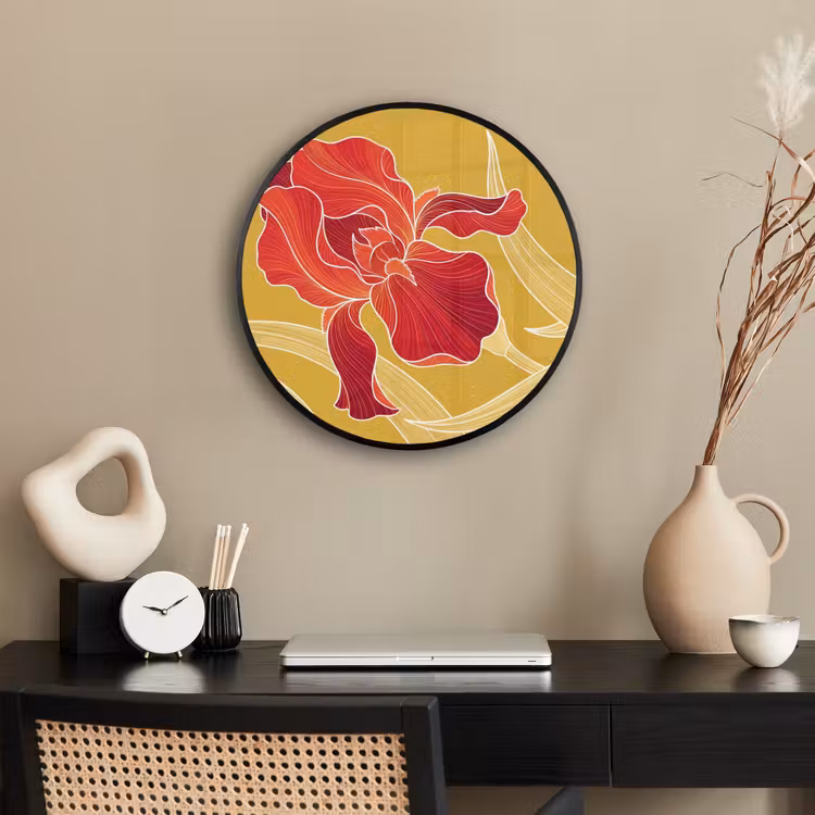 Poster im Rahmen Rund - Blumen – Illustration – Rot - Bloemen - Illustratie - Rood Fotolijst rond zonder passe partout klein