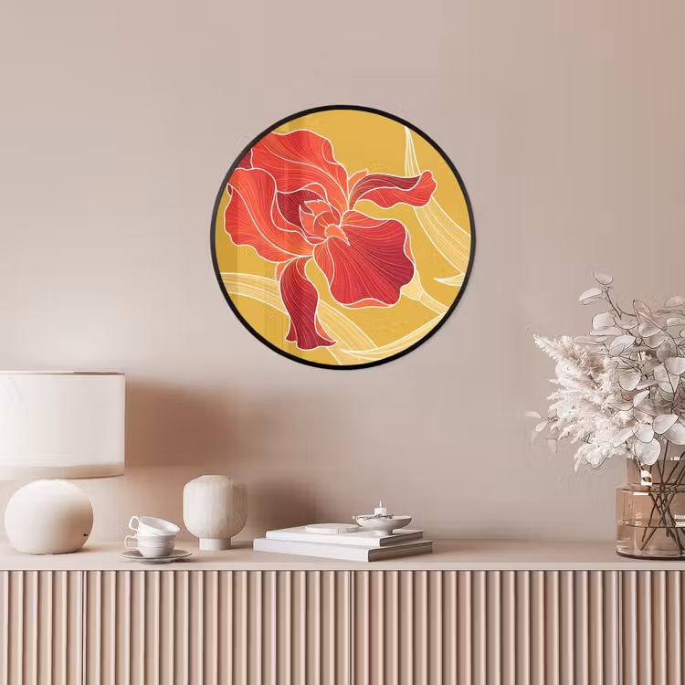 Poster im Rahmen Rund - Blumen – Illustration – Rot - Bloemen - Illustratie - Rood Fotolijst rond zonder passe partout klein