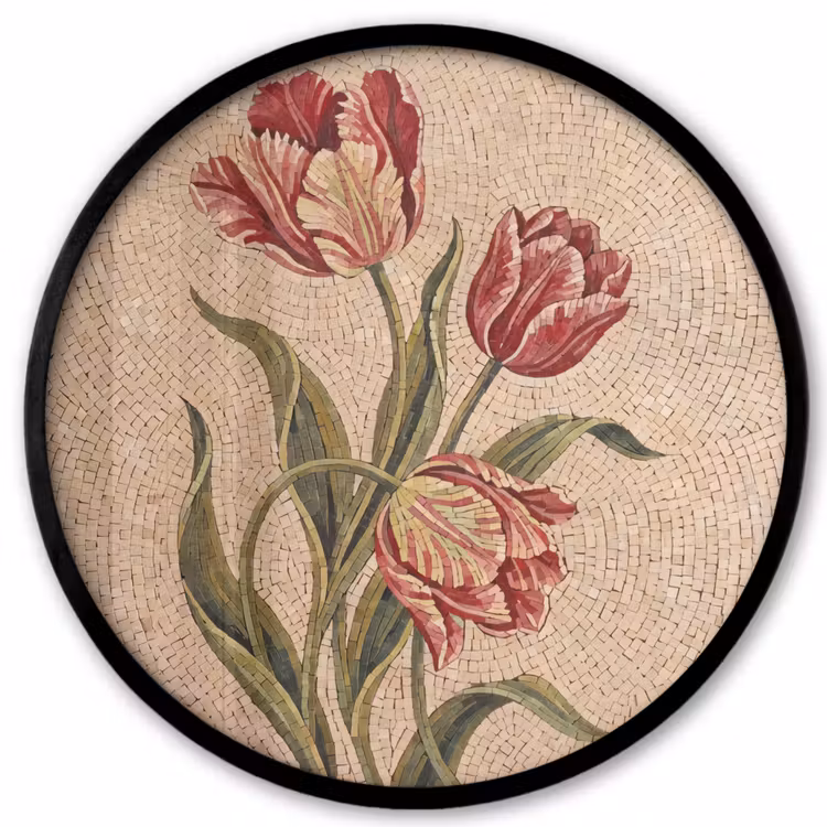 Bloemen - Mozaïek - Rood - Groen - Kunst Fotolijst rond zonder passe partout klein -3d