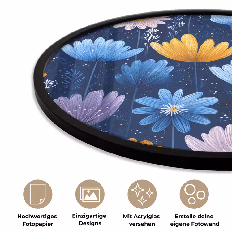 Bloemen - Patroon - Blauw - Contrast Fotolijst rond zonder passe partout klein -closeup_DE