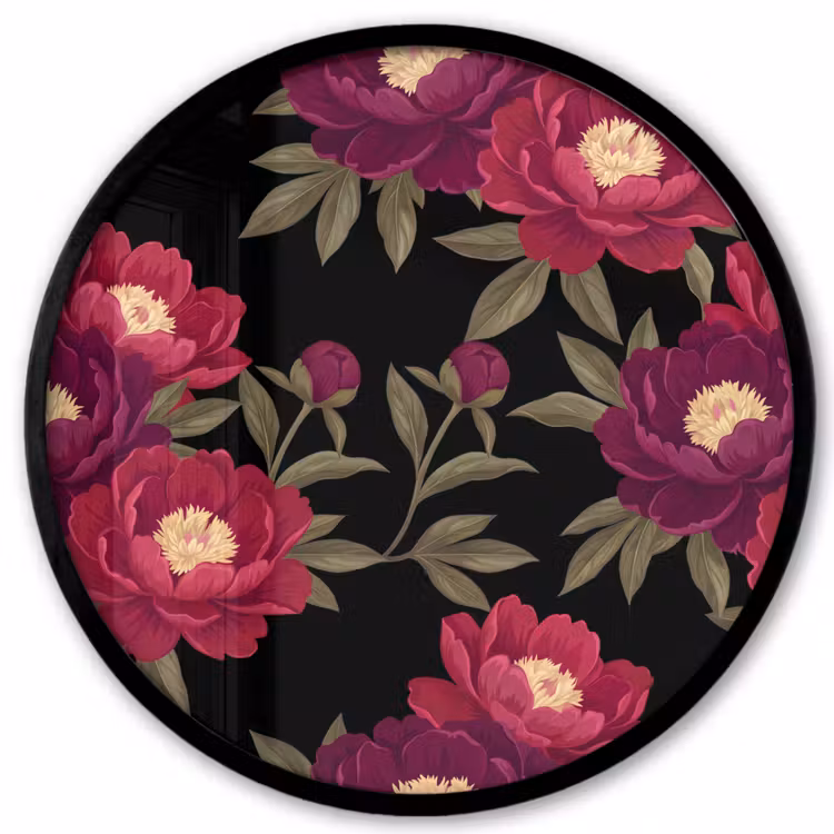 Bloemen - Patroon - Botanisch - Rood - Zwart Fotolijst rond zonder passe partout klein -3d