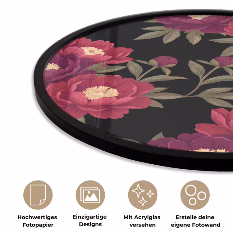 Bloemen - Patroon - Botanisch - Rood - Zwart Fotolijst rond zonder passe partout klein -closeup_DE