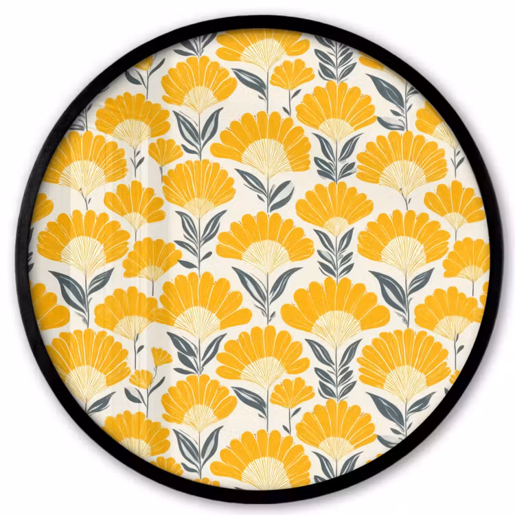 Bloemen - Retro - Botanisch - Okergeel - Grijs Fotolijst rond zonder passe partout klein 856 -3d