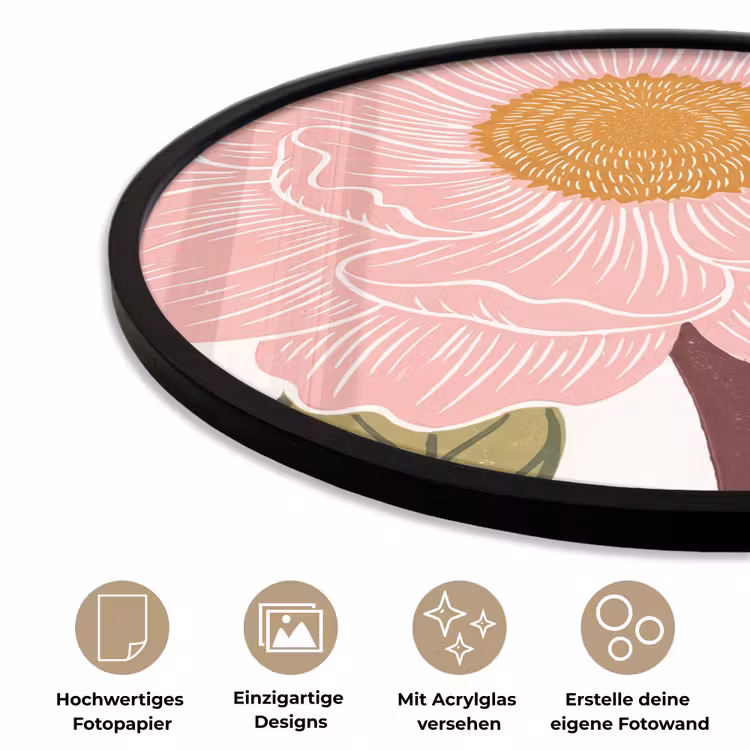 Poster im Rahmen Rund - Blumen – Rosa – Illustration - Bloemen - Roze - Illustratie Fotolijst rond zonder passe partout klein
