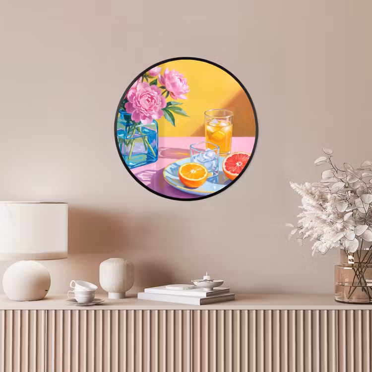 Poster im Rahmen Rund - Blumen – Rosa – Modern - Bloemen - Roze - Modern Fotolijst rond zonder passe partout klein