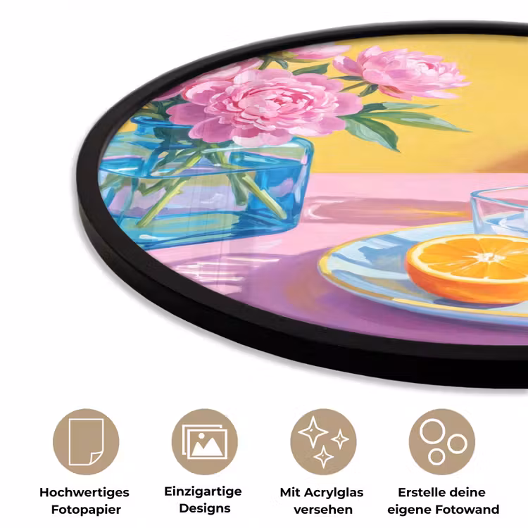 Poster im Rahmen Rund - Blumen – Rosa – Modern - Bloemen - Roze - Modern Fotolijst rond zonder passe partout klein