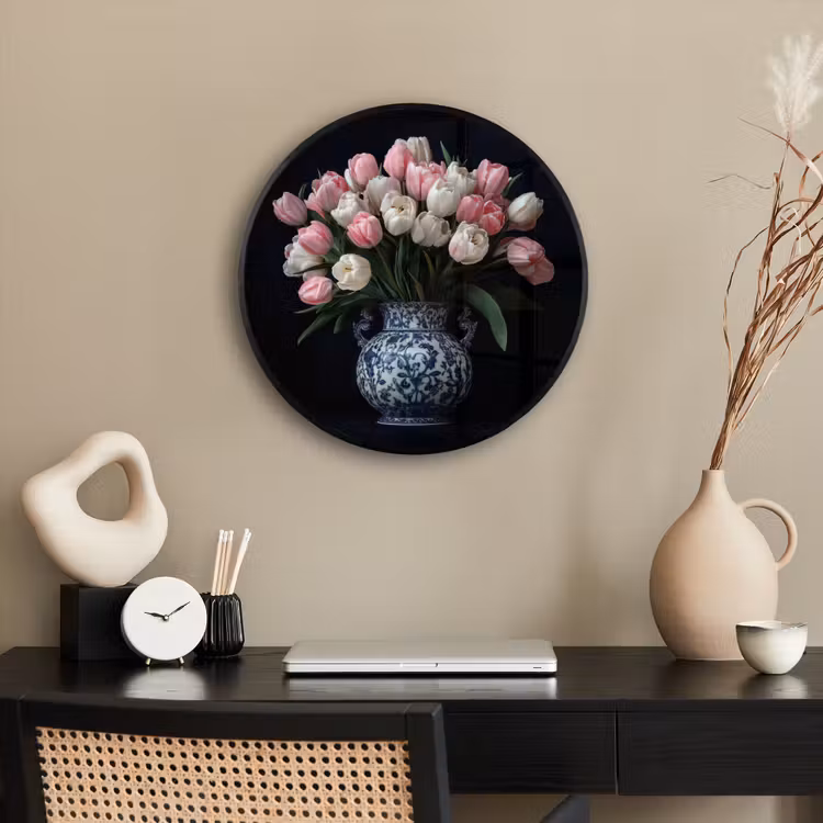Bloemen - Roze - Tulpen - Vaas Fotolijst rond zonder passe partout klein -sfeer1