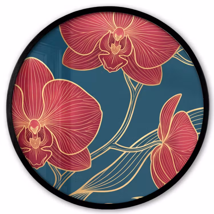 Poster im Rahmen Rund - Blumen – Rot – Gold - Bloemen - Rood - Goud Fotolijst rond zonder passe partout klein