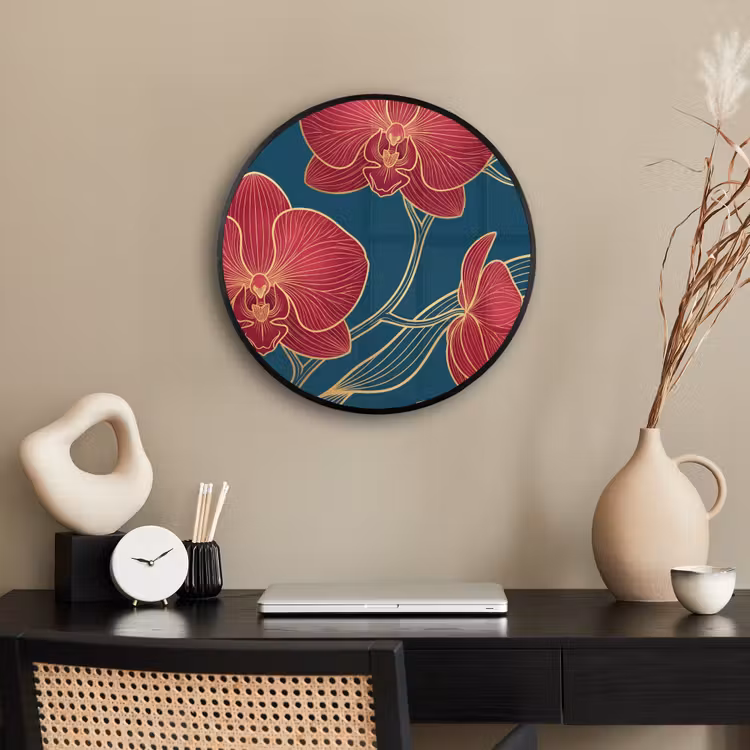 Poster im Rahmen Rund - Blumen – Rot – Gold - Bloemen - Rood - Goud Fotolijst rond zonder passe partout klein