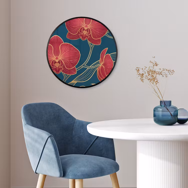 Poster im Rahmen Rund - Blumen – Rot – Gold - Bloemen - Rood - Goud Fotolijst rond zonder passe partout klein