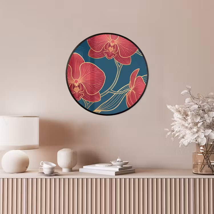 Poster im Rahmen Rund - Blumen – Rot – Gold - Bloemen - Rood - Goud Fotolijst rond zonder passe partout klein