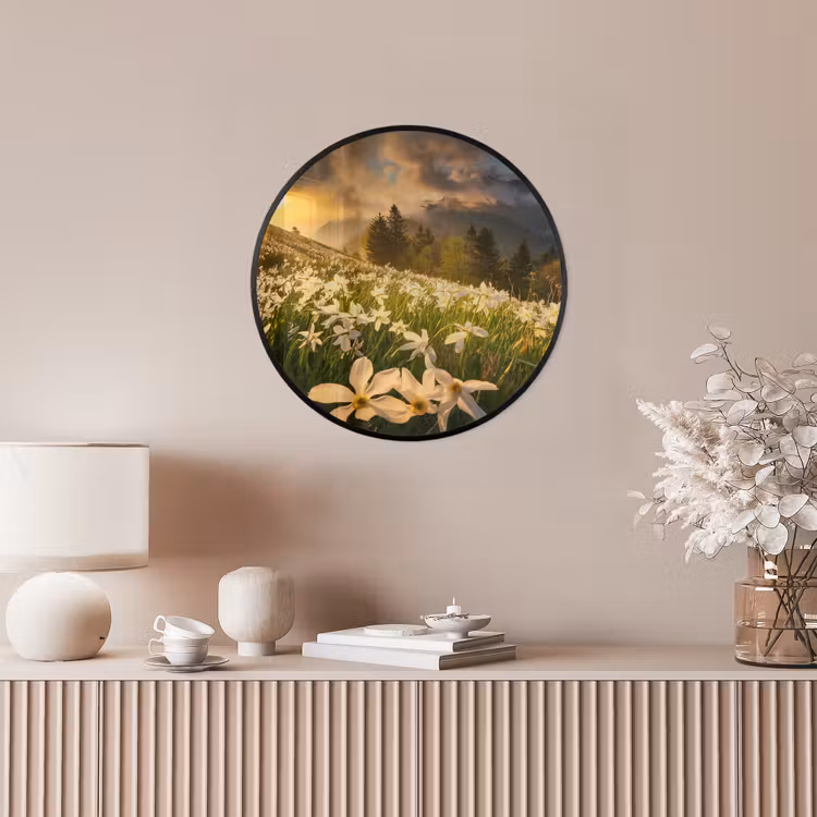 Bloemenveld - Heuvels - Zonsondergang - Berg - Natuur - Wit - Heuvels Fotolijst rond zonder passe partout klein -sfeer3