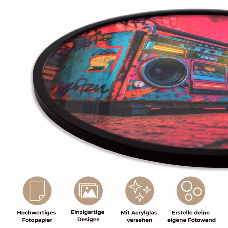 Boombox - Rood - Graffiti - Neon Fotolijst rond zonder passe partout klein -closeup_DE